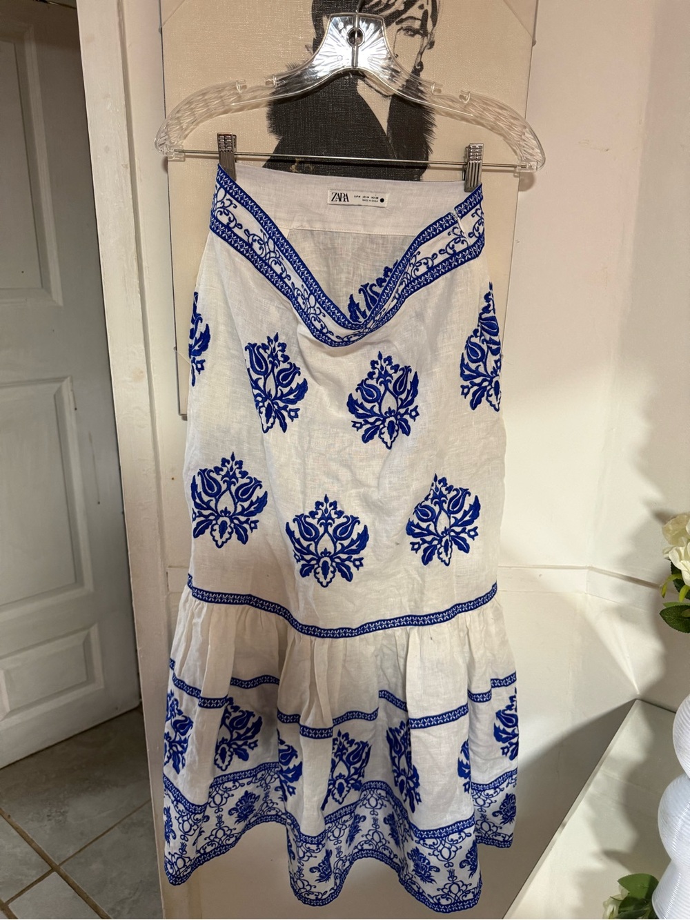 Zara White Dress with Royal Blue Embroidered Motifs